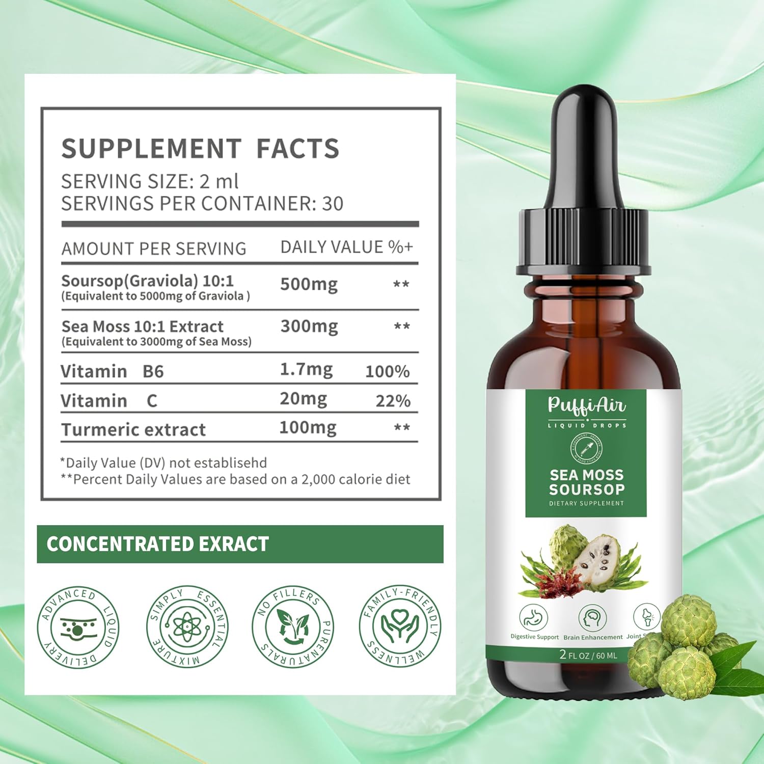 Soursop & Sea Moss Liquid Drops for Cell Support, Immune Boost, and Relaxation - Herbal Extract with Natural Flavor - 2 Fl Oz