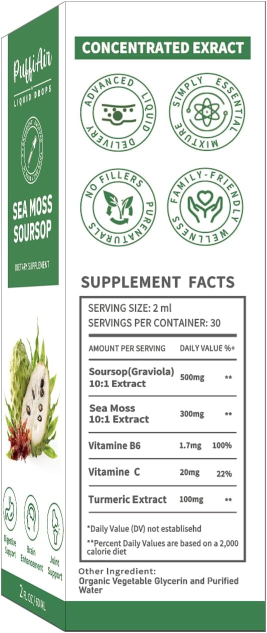 Soursop & Sea Moss Liquid Drops for Cell Support, Immune Boost, and Relaxation - Herbal Extract with Natural Flavor - 2 Fl Oz