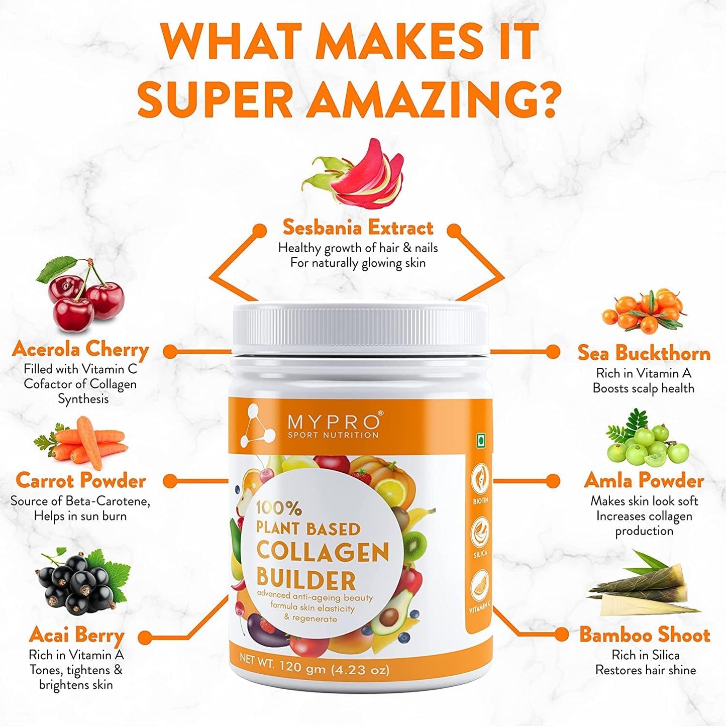 Sport Nutrition Plant Based Collagen Builder with Biotin, Silica, Sesbania & Bamboo Shoot - Anti-Ageing Beauty Formula for Skin Elasticity & Regeneration - 4.23 oz - Men & Women