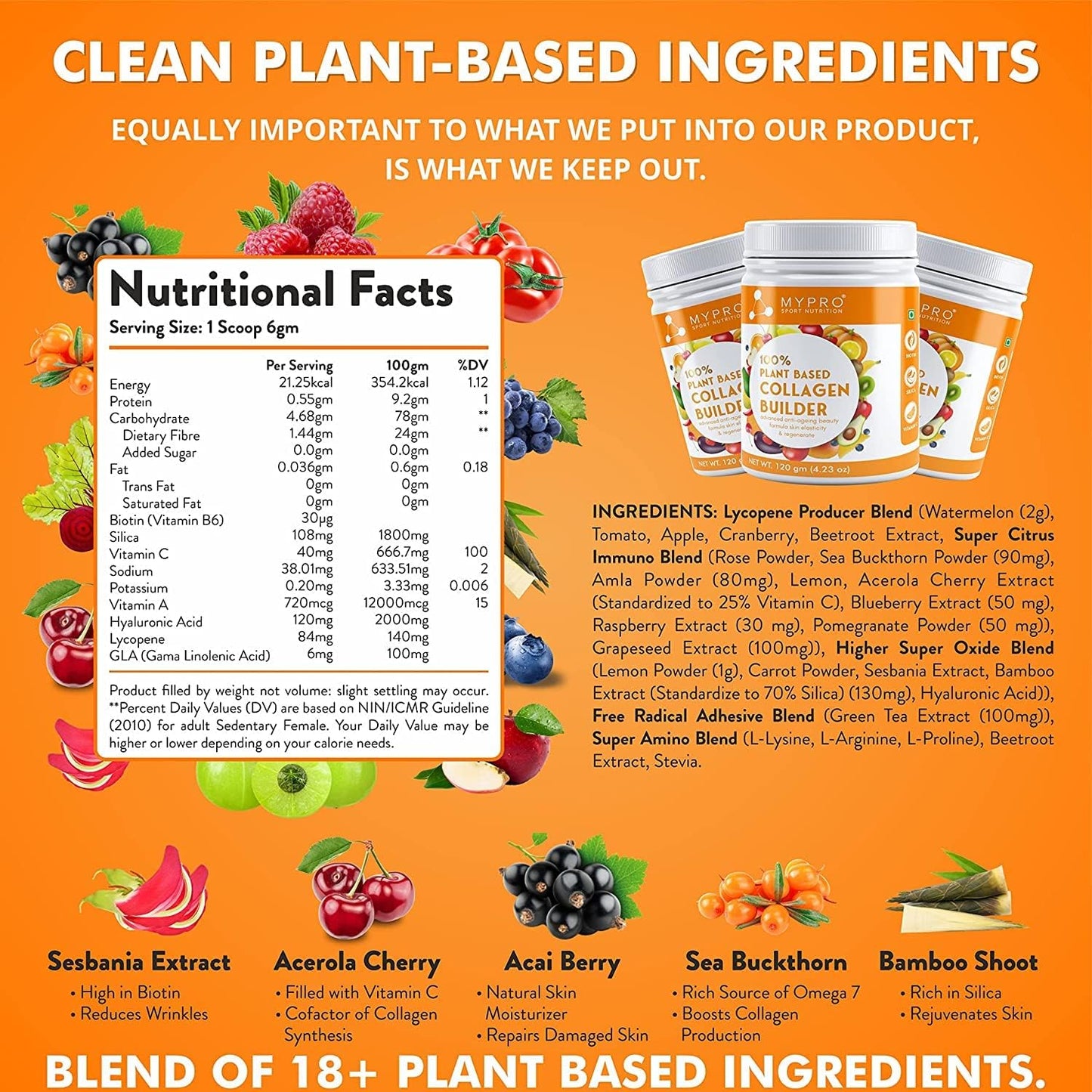 Sport Nutrition Plant Based Collagen Builder with Biotin, Silica, Sesbania & Bamboo Shoot - Anti-Ageing Beauty Formula for Skin Elasticity & Regeneration - 4.23 oz - Men & Women