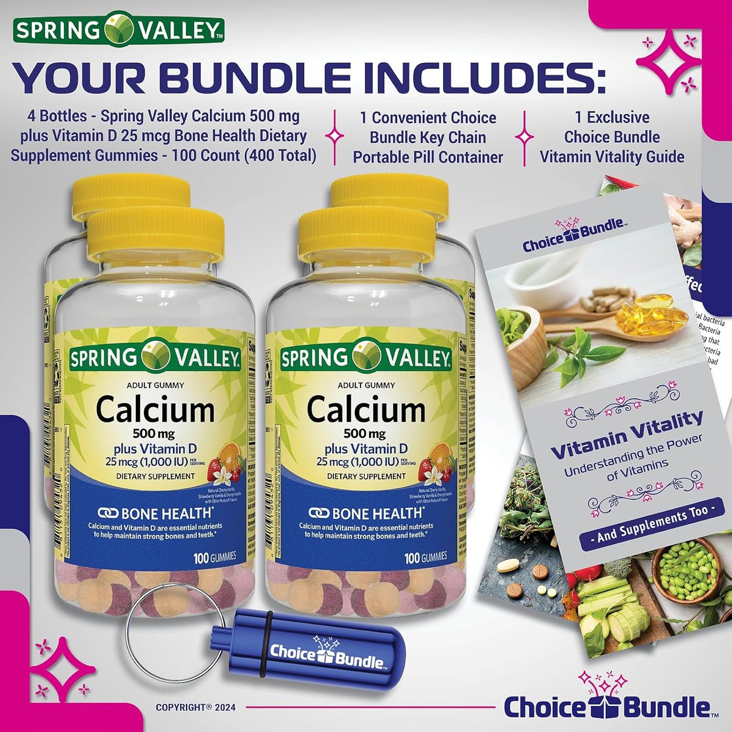 Spring Valley Calcium 500 mg + Vitamin D Gummies Bundle - 400 Ct Total + Vitamin Guide & Pill Container