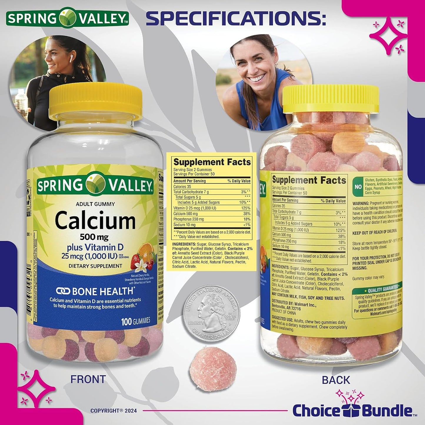 Spring Valley Calcium 500 mg + Vitamin D Gummies Bundle - 400 Ct Total + Vitamin Guide & Pill Container