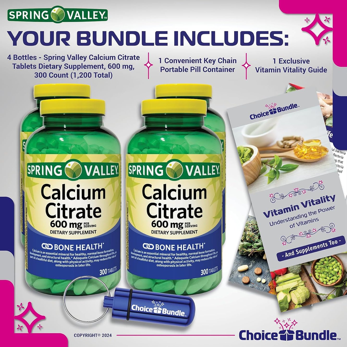 Spring Valley Calcium Citrate Tablets 600 mg - 300 Count x 4 Packs - 1200 Total - Dietary Supplement Bundle with Vitamin Guide and Pill Container - 6 Items in Total