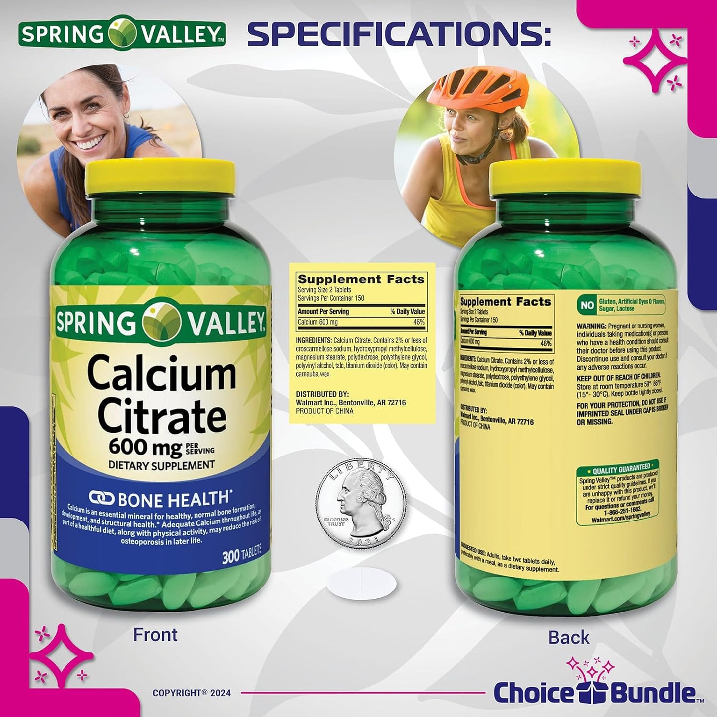 Spring Valley Calcium Citrate Tablets 600 mg - 300 Count x 4 Packs - 1200 Total - Dietary Supplement Bundle with Vitamin Guide and Pill Container - 6 Items in Total