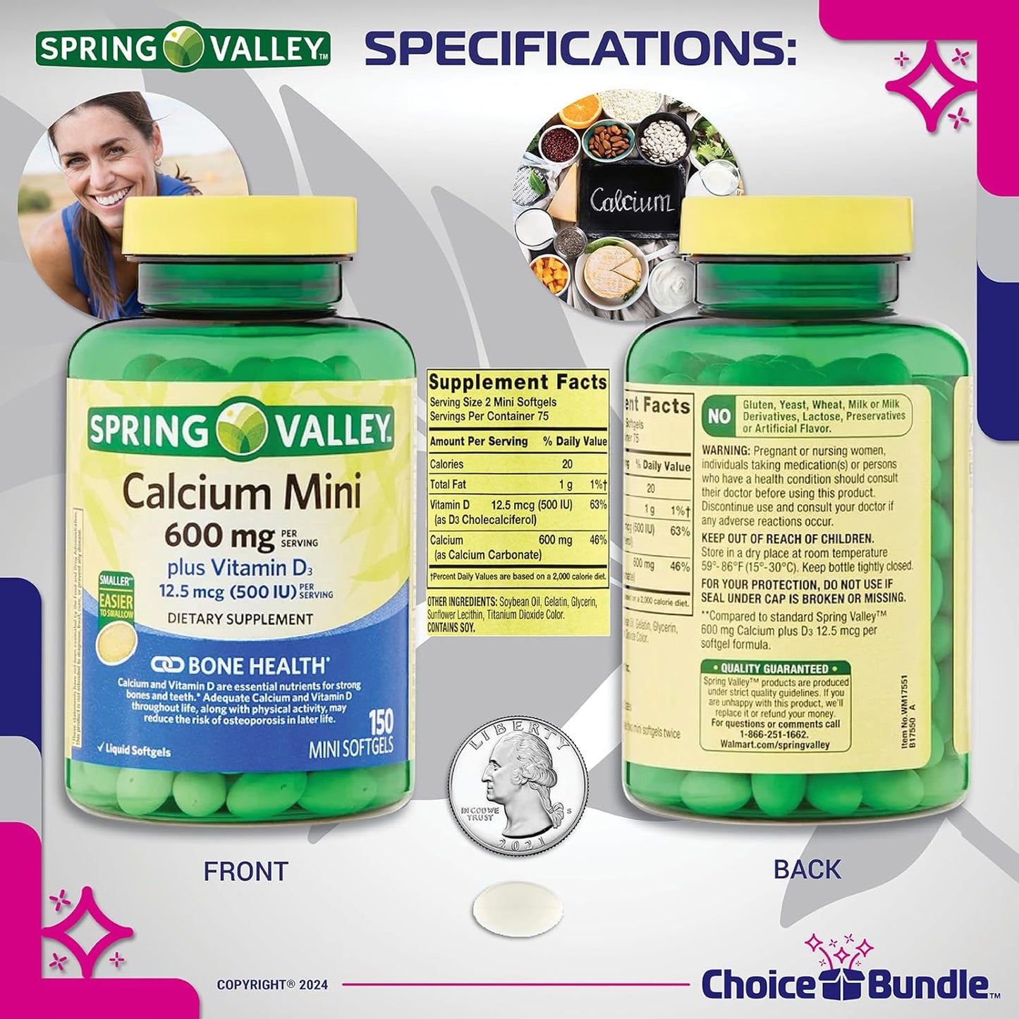 Spring Valley Calcium Plus Vitamin D3 Supplement Bundle - 2 Packs of 150 Mini Softgels + "Vitamin Vitality" Guide & Pill Container (300 Total)