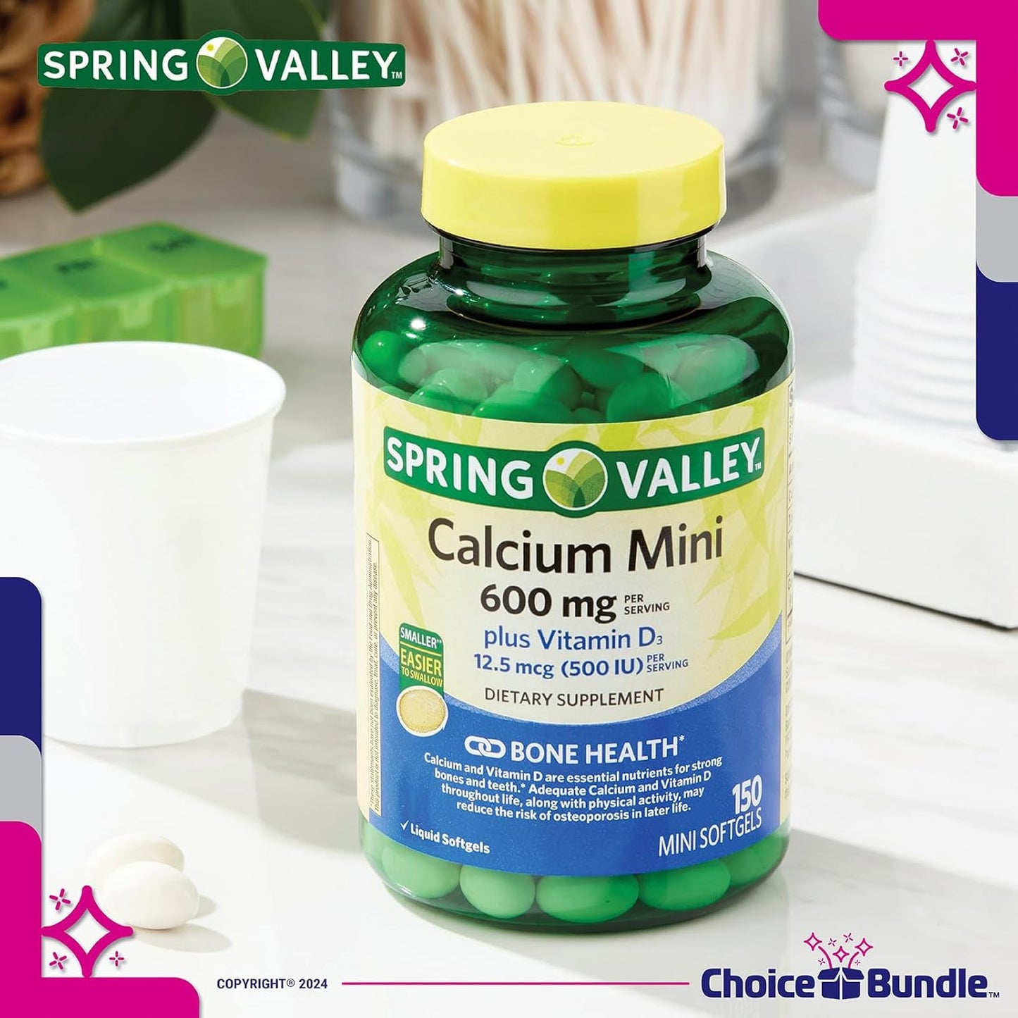 Spring Valley Calcium Plus Vitamin D3 Supplement Bundle - 2 Packs of 150 Mini Softgels + "Vitamin Vitality" Guide & Pill Container (300 Total)