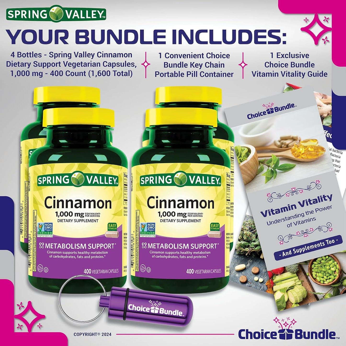 Spring Valley Cinnamon Dietary Supplement 1000mg 400 ct Vegetarian Capsules Bundle with Vitamin Vitality Guide & Pill Container (1600 Total)