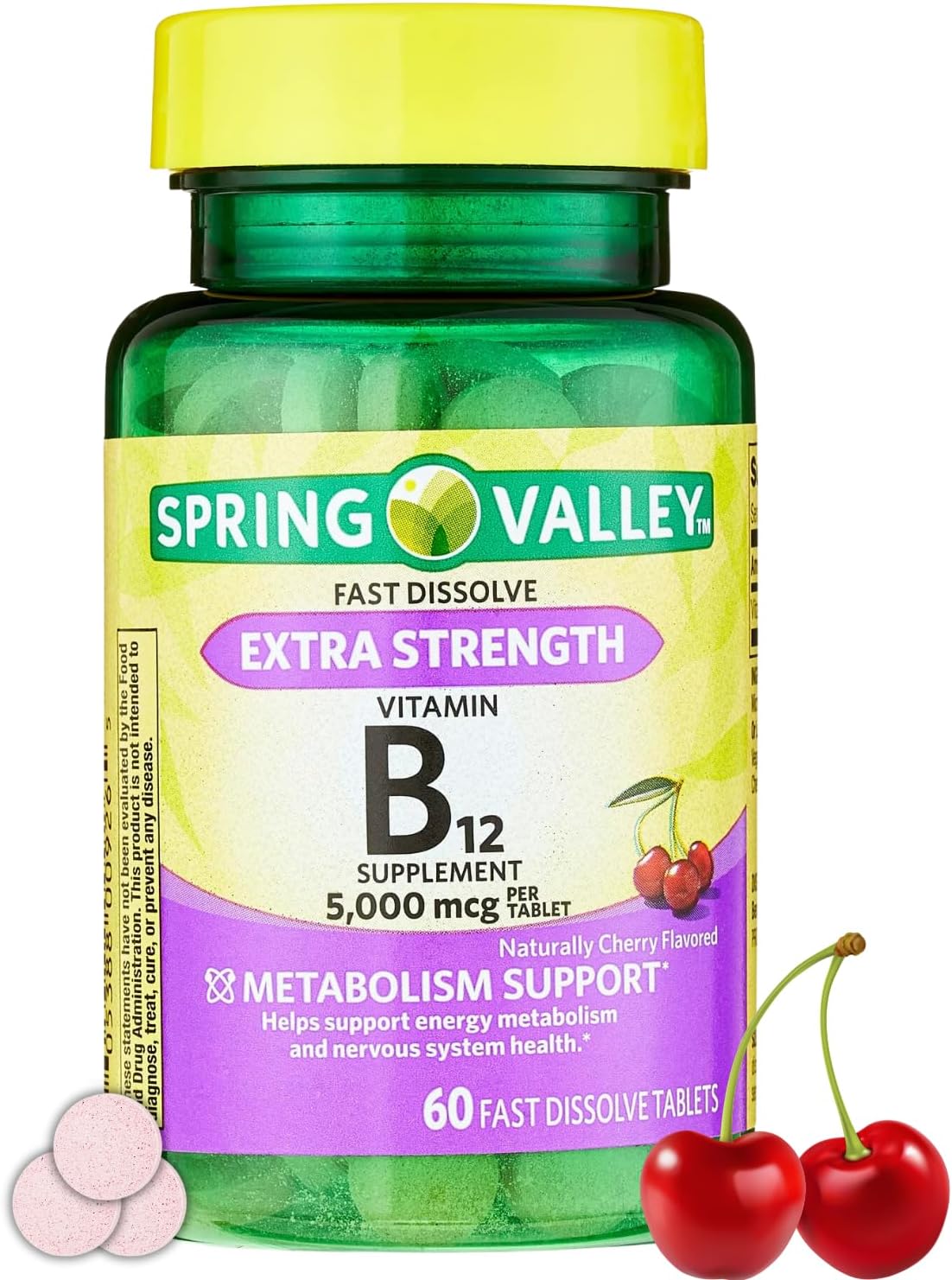 Spring Valley Extra Strength Vitamin B12 Fast Dissolve Tablets - Cherry Flavor, 5,000 mcg, 60 Count
