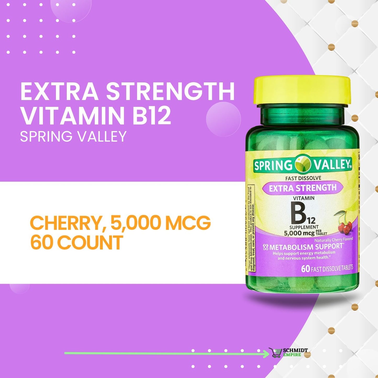 Spring Valley Extra Strength Vitamin B12 Fast Dissolve Tablets - Cherry Flavor, 5,000 mcg, 60 Count