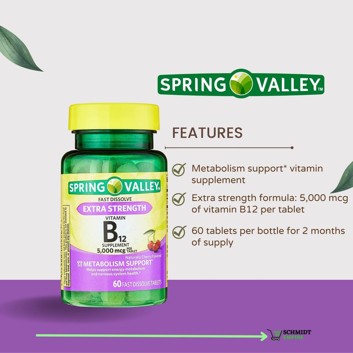 Spring Valley Extra Strength Vitamin B12 Fast Dissolve Tablets - Cherry Flavor, 5,000 mcg, 60 Count