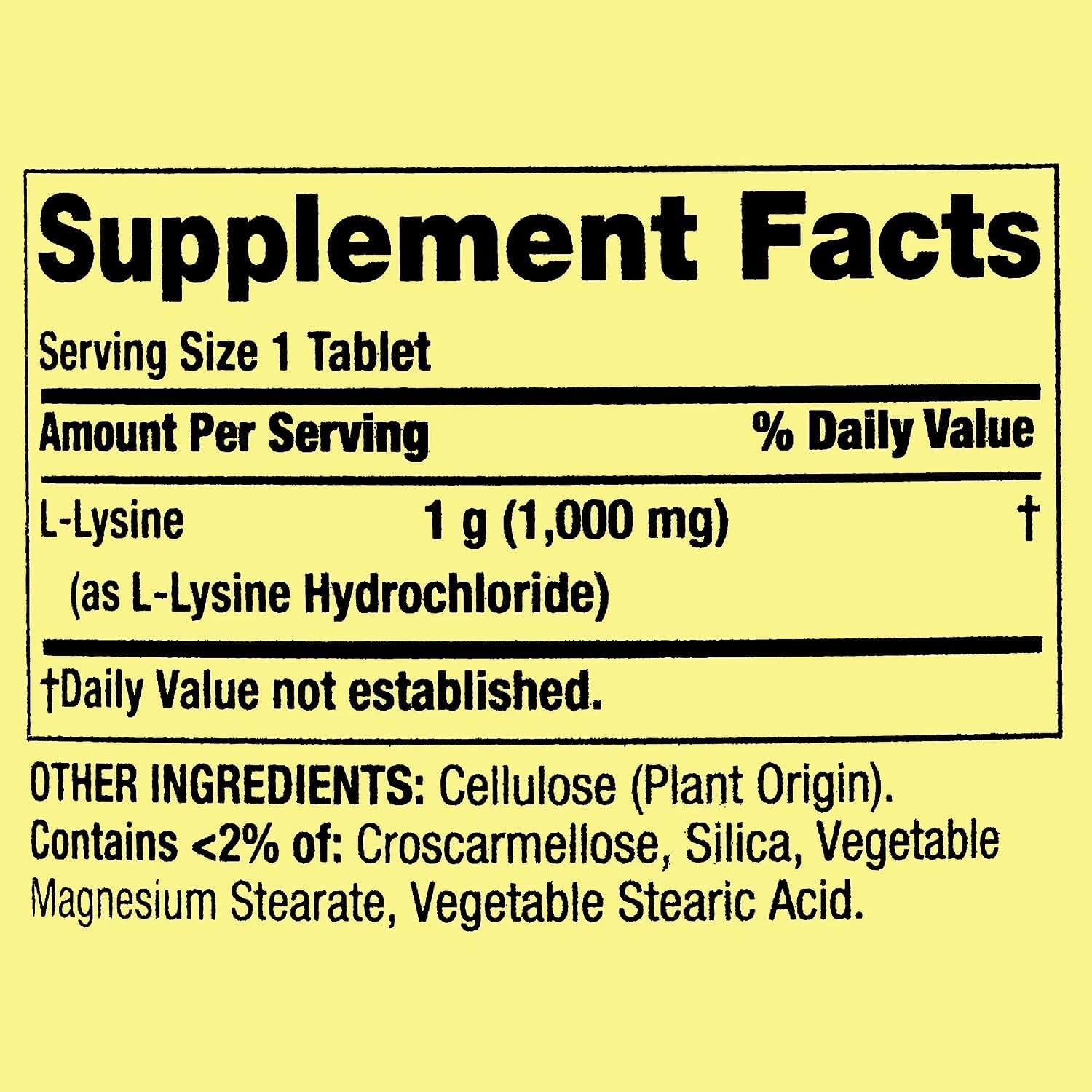 Spring Valley L-Lysine Amino Acid Supplements - 100 Tablets, Supports Healthy Immune System, 1 Tablet per Serving