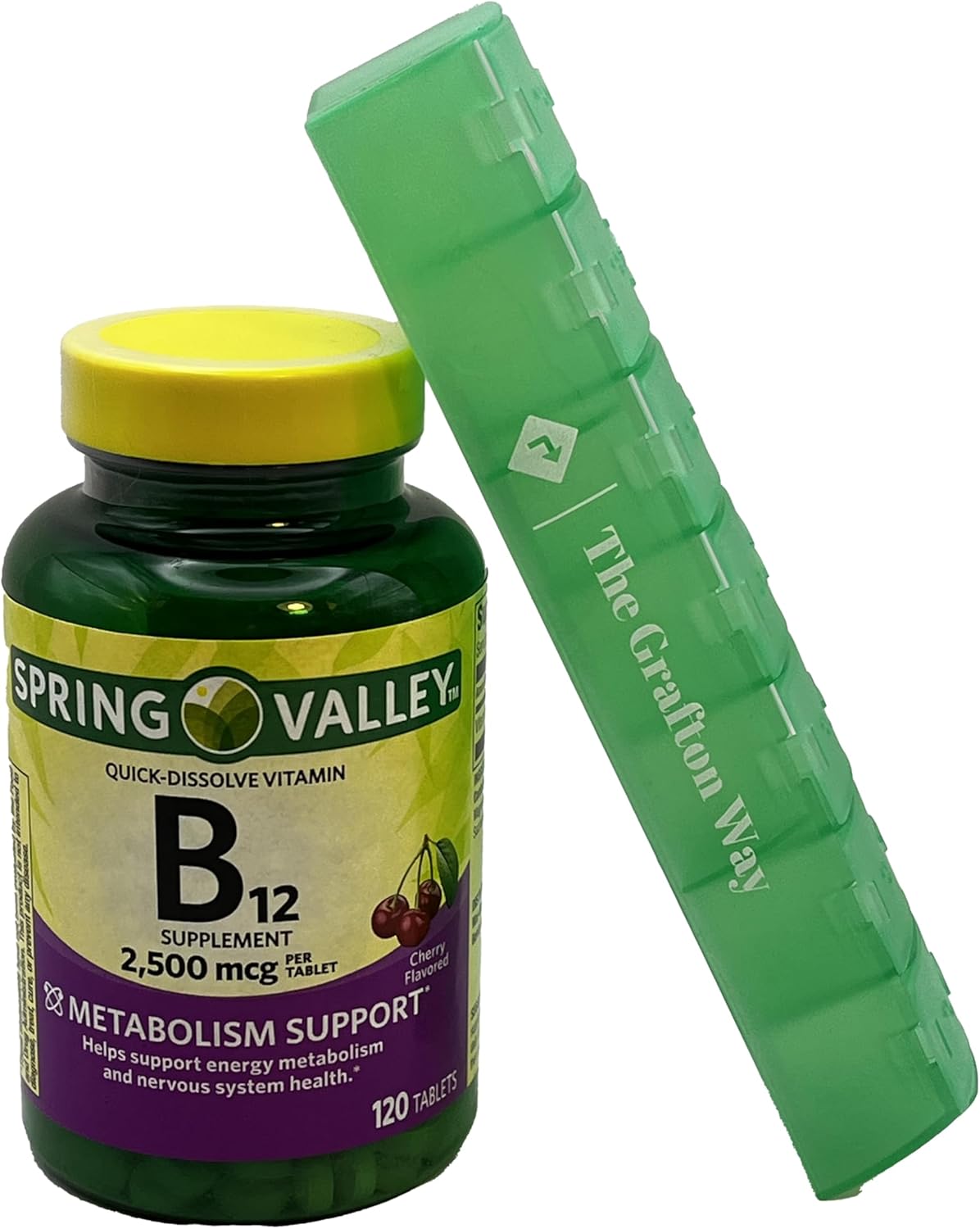 Spring Valley Vitamin B12 Quick-Dissolve Tablets - 2,500 Mcg Cherry Flavor - 120 Count + Pill Organizer