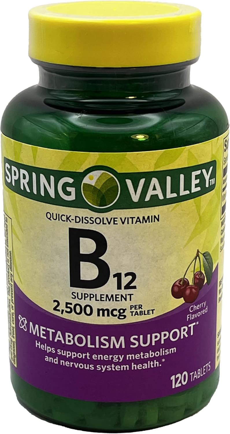 Spring Valley Vitamin B12 Quick-Dissolve Tablets - 2,500 Mcg Cherry Flavor - 120 Count + Pill Organizer