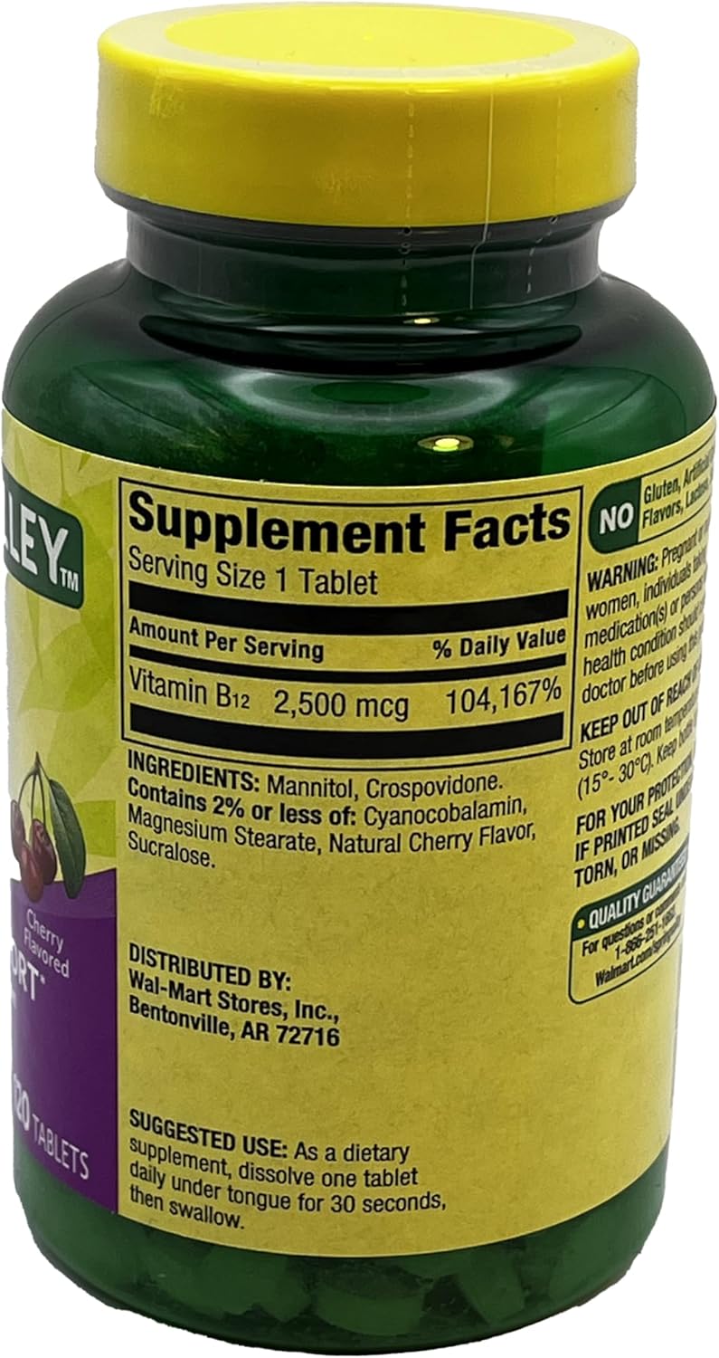 Spring Valley Vitamin B12 Quick-Dissolve Tablets - 2,500 Mcg Cherry Flavor - 120 Count + Pill Organizer