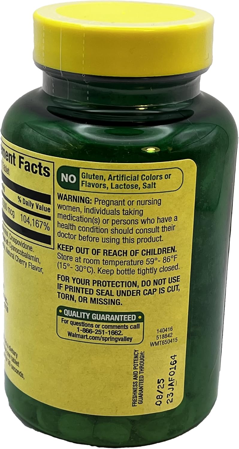 Spring Valley Vitamin B12 Quick-Dissolve Tablets - 2,500 Mcg Cherry Flavor - 120 Count + Pill Organizer