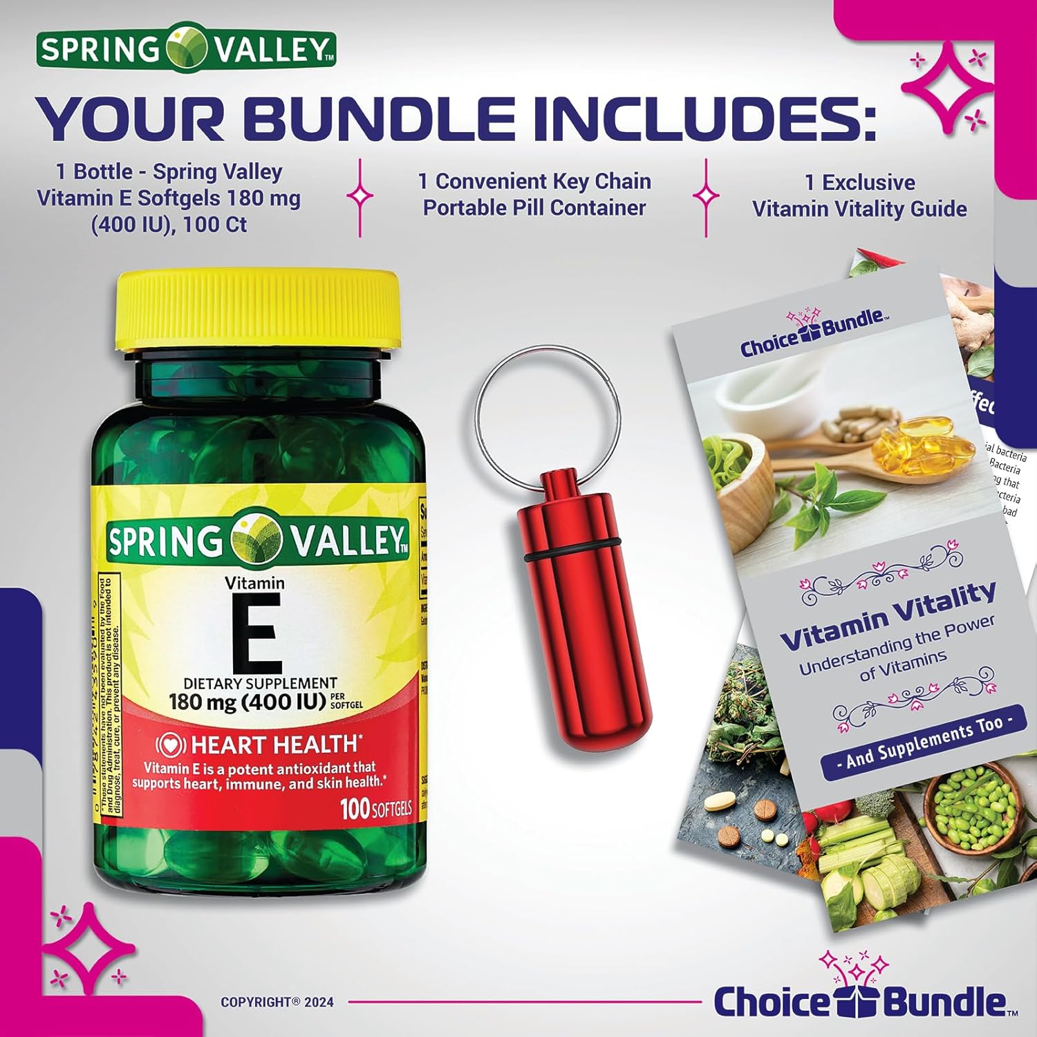 Spring Valley Vitamin E Softgels 180mg (400 IU) 100 CT Bundle with Heart Health Support, Vitamin Vitality Guide, Keychain Pill Container