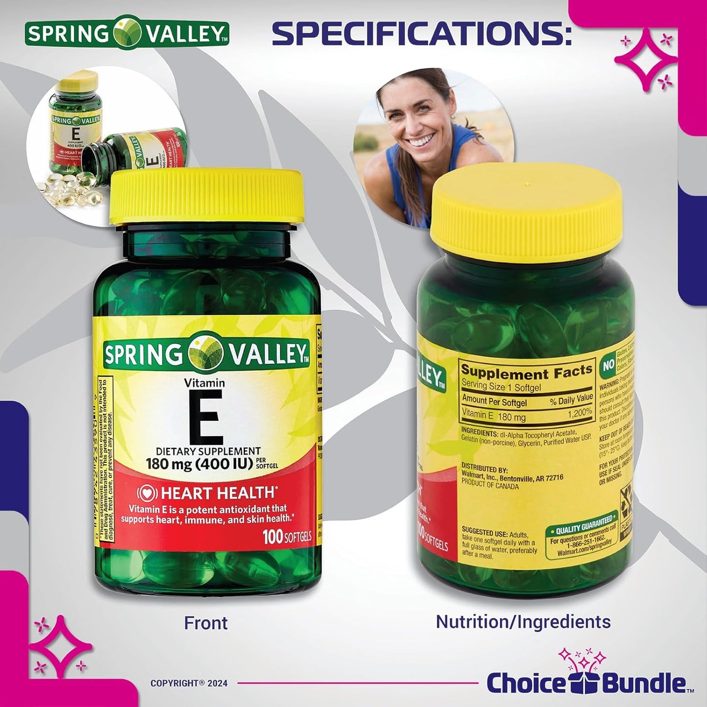 Spring Valley Vitamin E Softgels 180mg (400 IU) 100 CT Bundle with Heart Health Support, Vitamin Vitality Guide, Keychain Pill Container