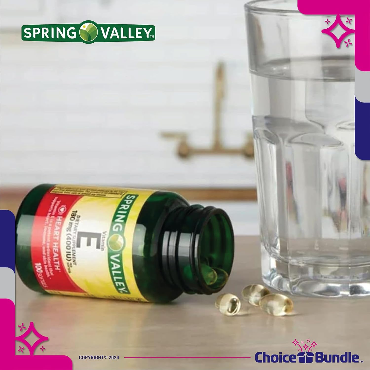 Spring Valley Vitamin E Softgels 180mg (400 IU) 100 CT Bundle with Heart Health Support, Vitamin Vitality Guide, Keychain Pill Container