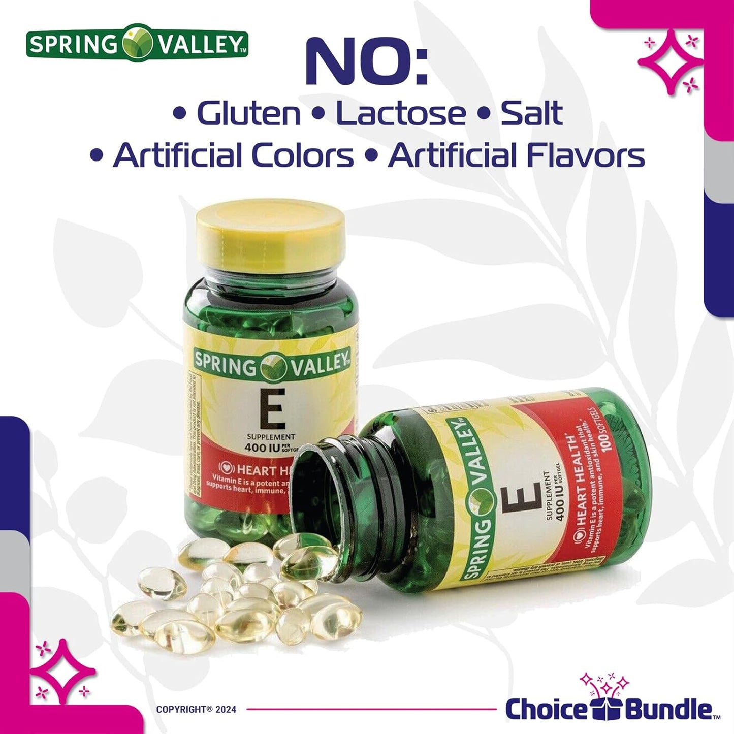 Spring Valley Vitamin E Softgels 180mg (400 IU) 100 CT Bundle with Heart Health Support, Vitamin Vitality Guide, Keychain Pill Container