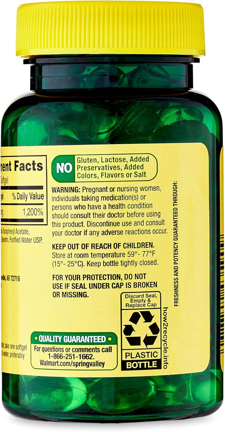 Spring Valley Vitamin E Softgels 180mg (400 IU) for Heart Health - 200 Count Bottle