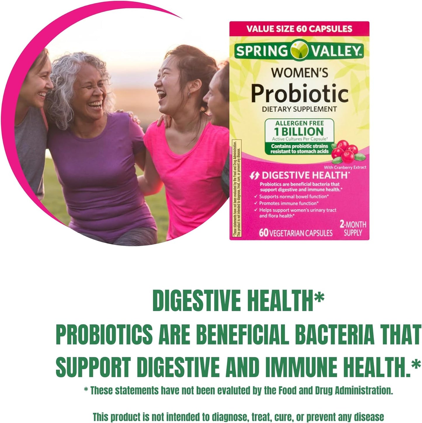 Spring Valley Women's Probiotic Capsules - 1 Billion CFUs for Digestive Health (60 Capsules)