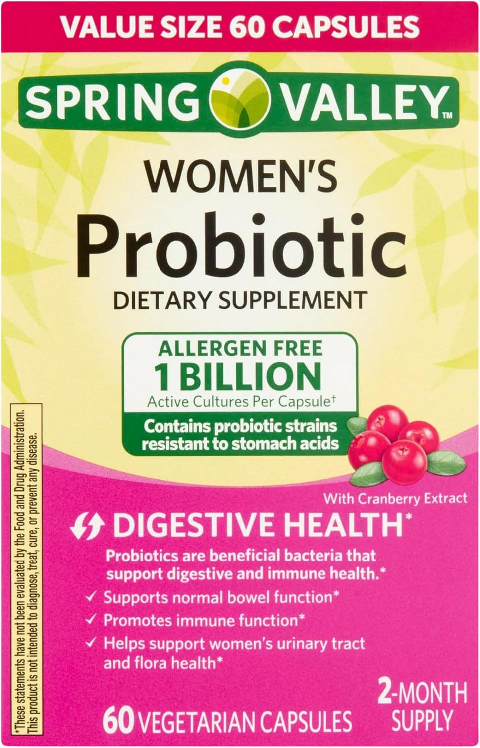 Spring Valley Women's Probiotic Capsules - 1 Billion CFUs for Digestive Health (60 Capsules)