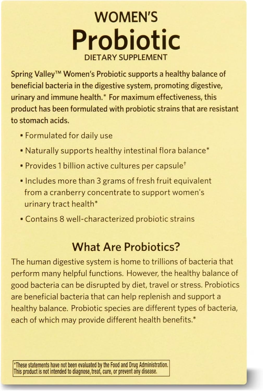 Spring Valley Women's Probiotic Capsules - 1 Billion CFUs for Digestive Health (60 Capsules)