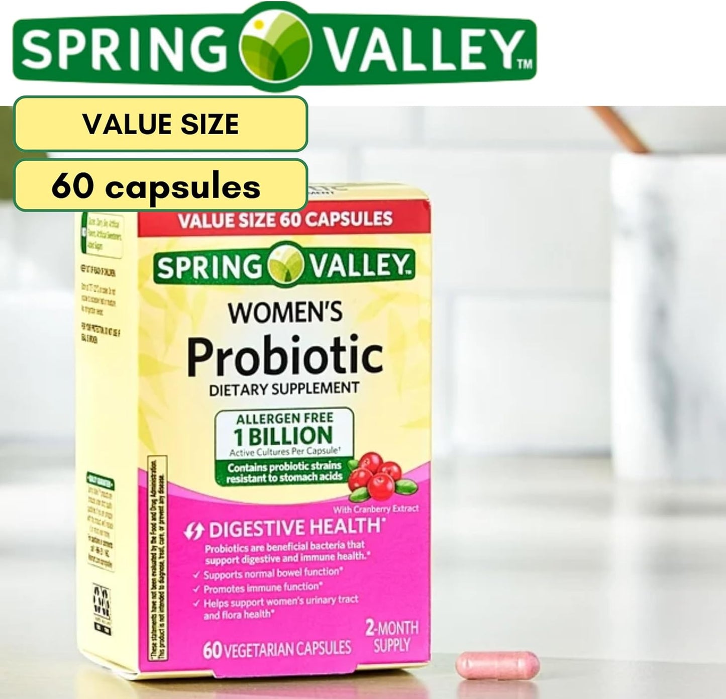 Spring Valley Women's Probiotic Capsules - 1 Billion CFUs for Digestive Health (60 Capsules)