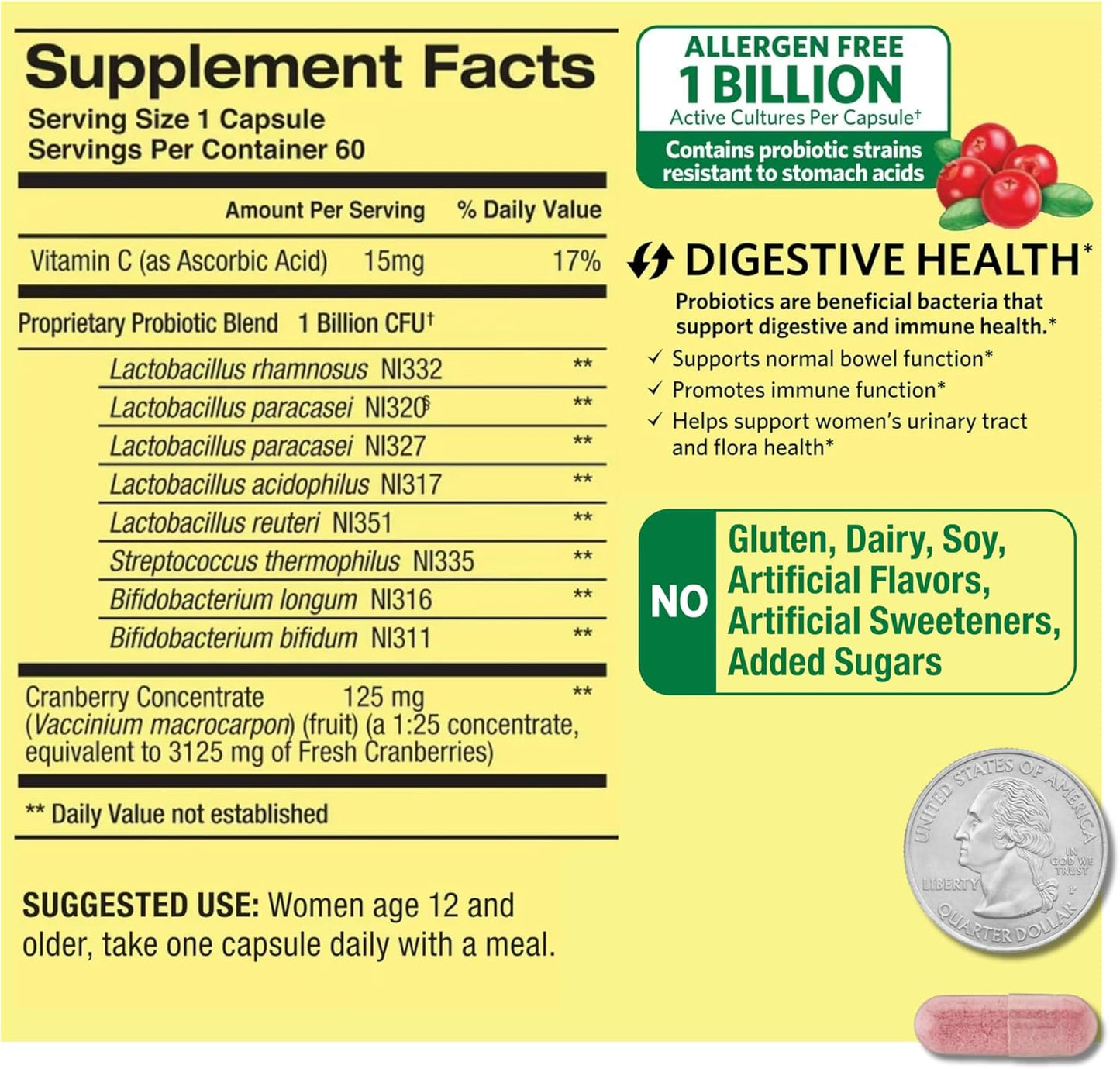 Spring Valley Women's Probiotic Capsules - 1 Billion CFUs for Digestive Health (60 Capsules)