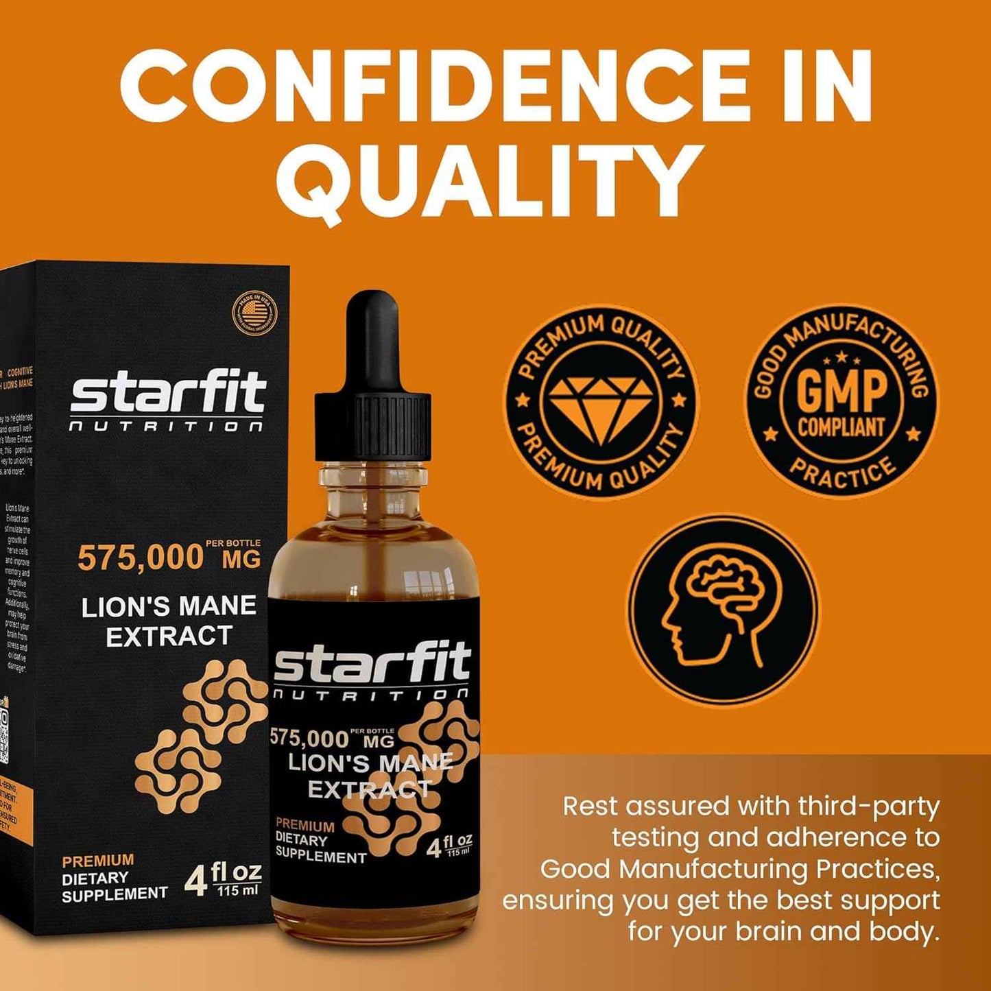 STARFIT - Lion's Mane 575,000 Mg Extract, Lions Mane Liquid Supplement, Lion's Mane Mushroom Extract for Immune Support, Memory Enhancement, and Digestive Health, 4 fl oz (Pack of 3)
