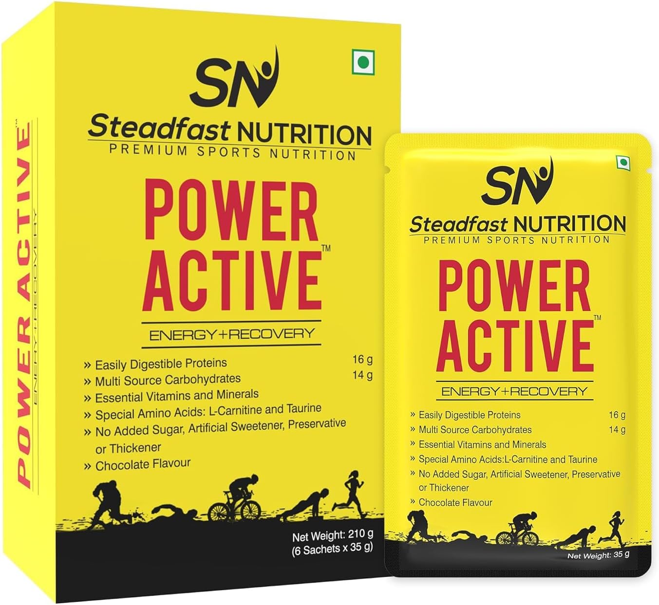 Steadfast Nutrition Power Active Whey Concentrate Sachets - Chocolate Flavor, Ideal for Beginners & Muscle Growth, Packed with Essential Vitamins & Minerals - 35g Each (Pack of 6)