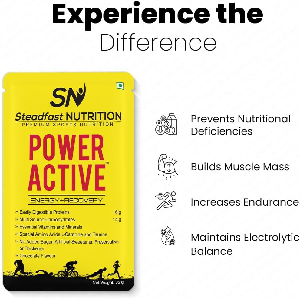 Steadfast Nutrition Power Active Whey Concentrate Sachets - Chocolate Flavor, Ideal for Beginners & Muscle Growth, Packed with Essential Vitamins & Minerals - 35g Each (Pack of 6)