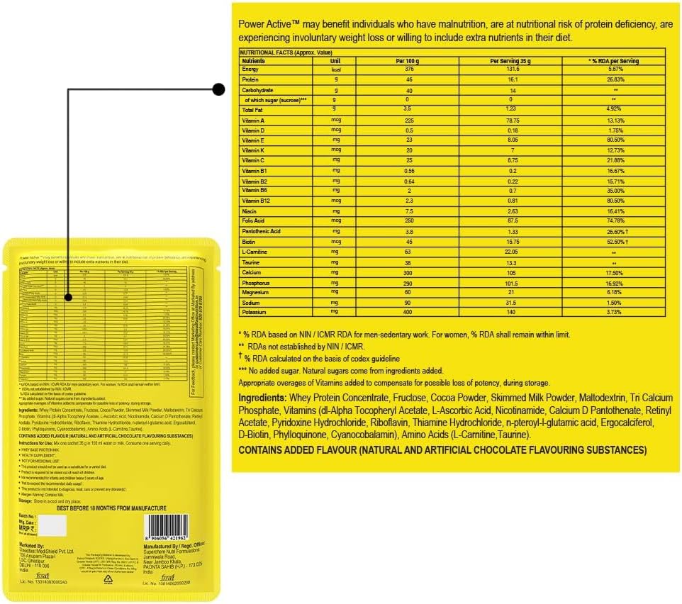 Steadfast Nutrition Power Active Whey Concentrate Sachets - Chocolate Flavor, Ideal for Beginners & Muscle Growth, Packed with Essential Vitamins & Minerals - 35g Each (Pack of 6)