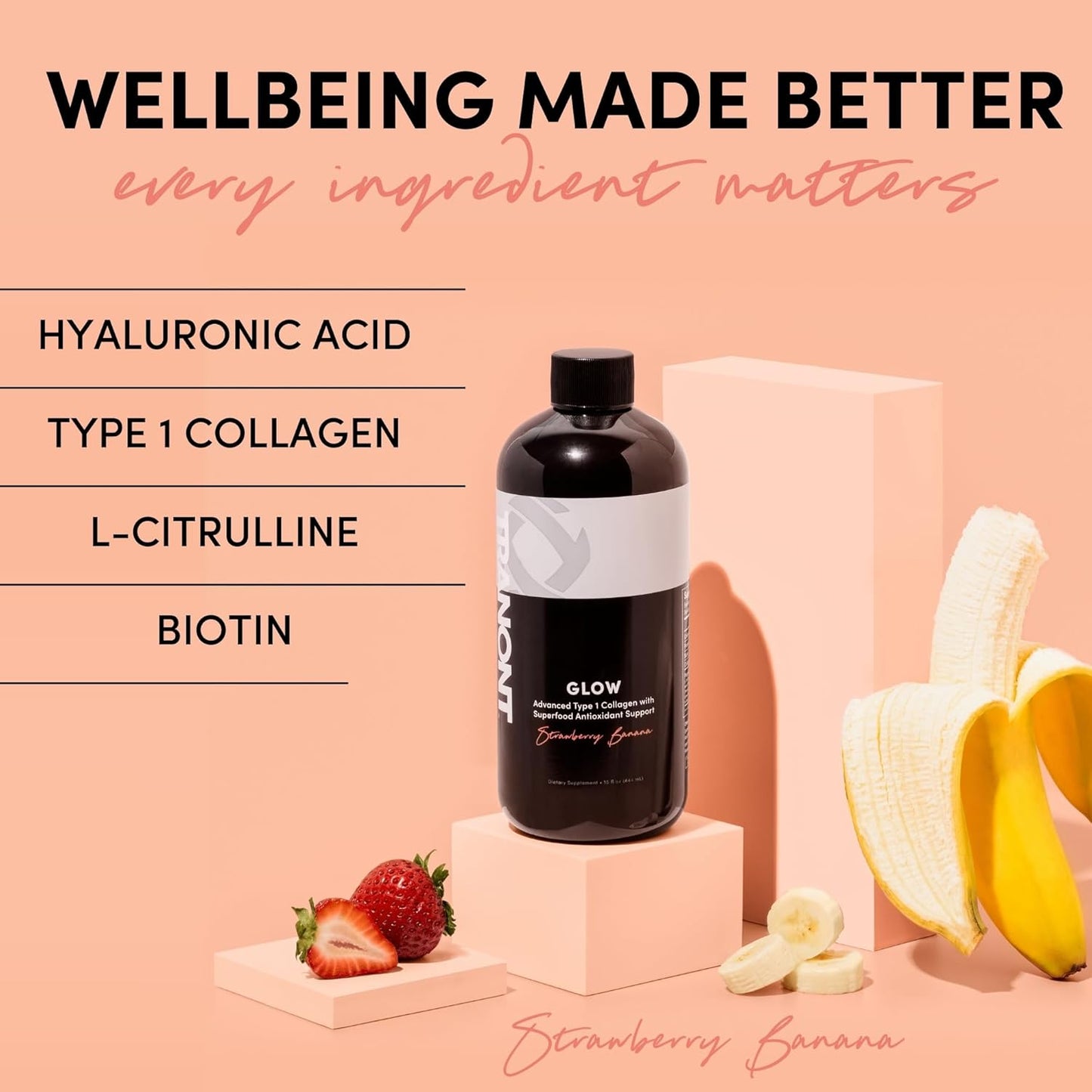 Strawberry Banana Collagen Protein Drink | Liquid Collagen with Biotin and Hyaluronic Acid | Hair, Skin, Nails, and Joints Support | Beauty and Skin Care Supplement