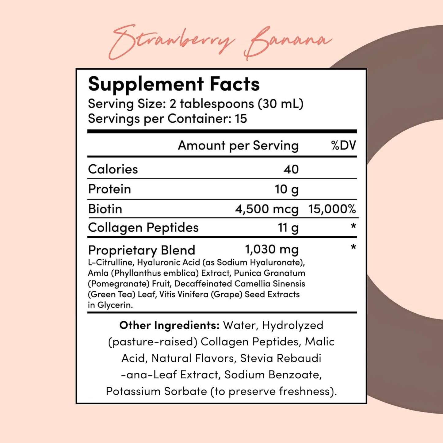 Strawberry Banana Collagen Protein Drink | Liquid Collagen with Biotin and Hyaluronic Acid | Hair, Skin, Nails, and Joints Support | Beauty and Skin Care Supplement