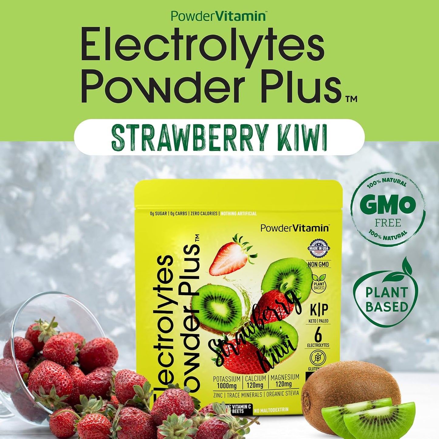 Strawberry Kiwi Electrolyte Powder with Vitamin C - Zero Calorie Keto Friendly Mix with Potassium, Calcium, Magnesium, and Pink Himalayan Salt (20 Servings)