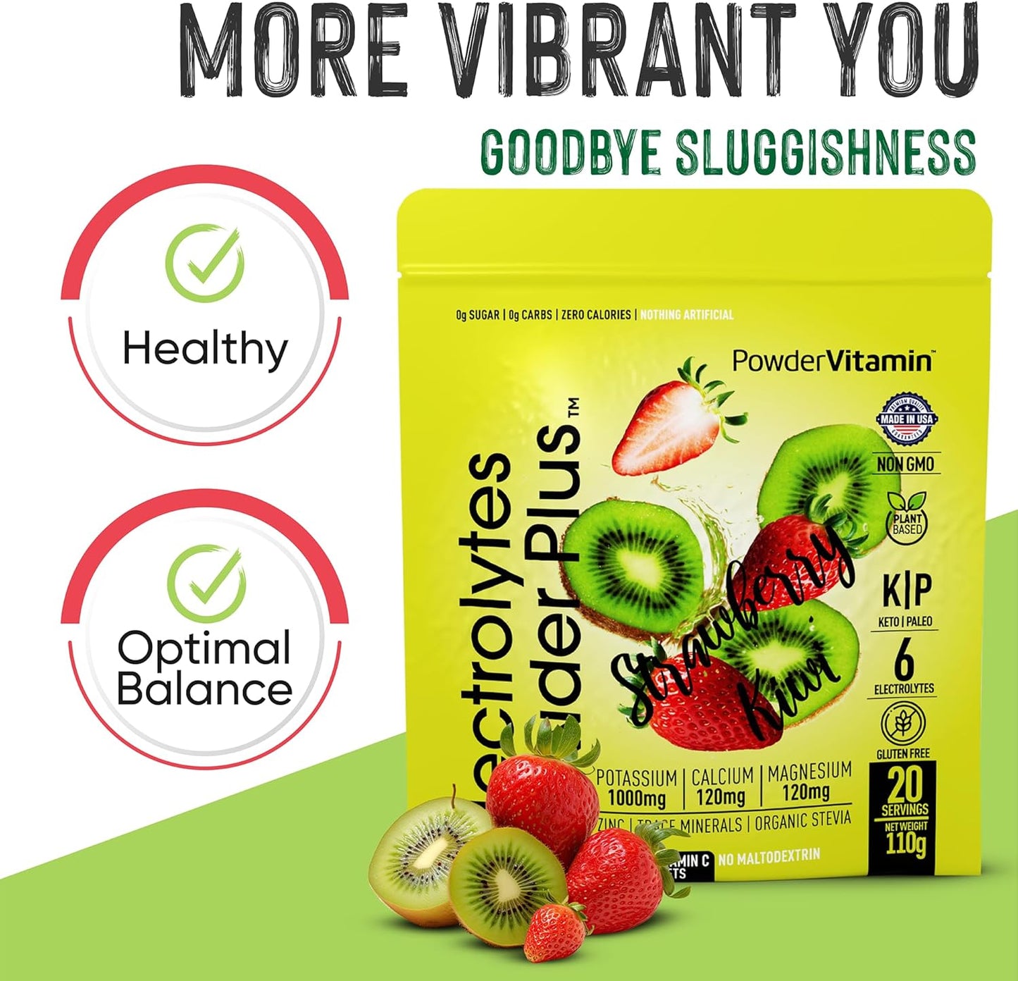 Strawberry Kiwi Electrolyte Powder with Vitamin C - Zero Calorie Keto Friendly Mix with Potassium, Calcium, Magnesium, and Pink Himalayan Salt (20 Servings)