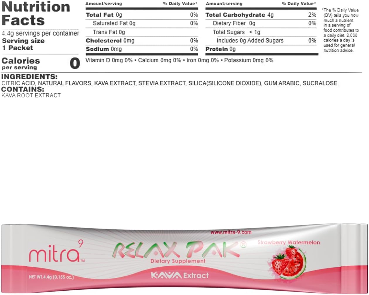 Strawberry Watermelon Kava Extract Powder Packets - Mitra9 Kava RelaxPak for Natural Calm & Clarity - 20 Single-Serving Sticks