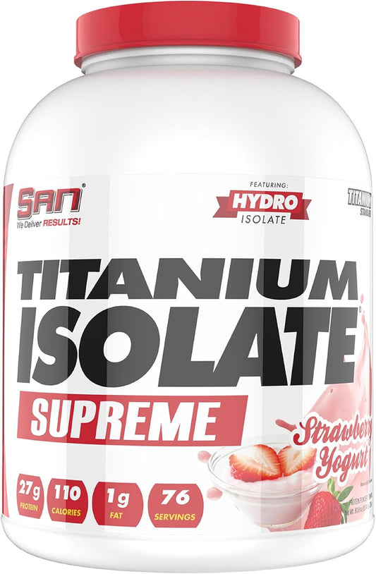Strawberry Yogurt Flavor Whey Protein Powder - SAN Titanium Isolate Supreme, 5.04 lbs, 27g Protein, 1g Carbs, 76 Servings, Low-Calorie, Muscle Recovery