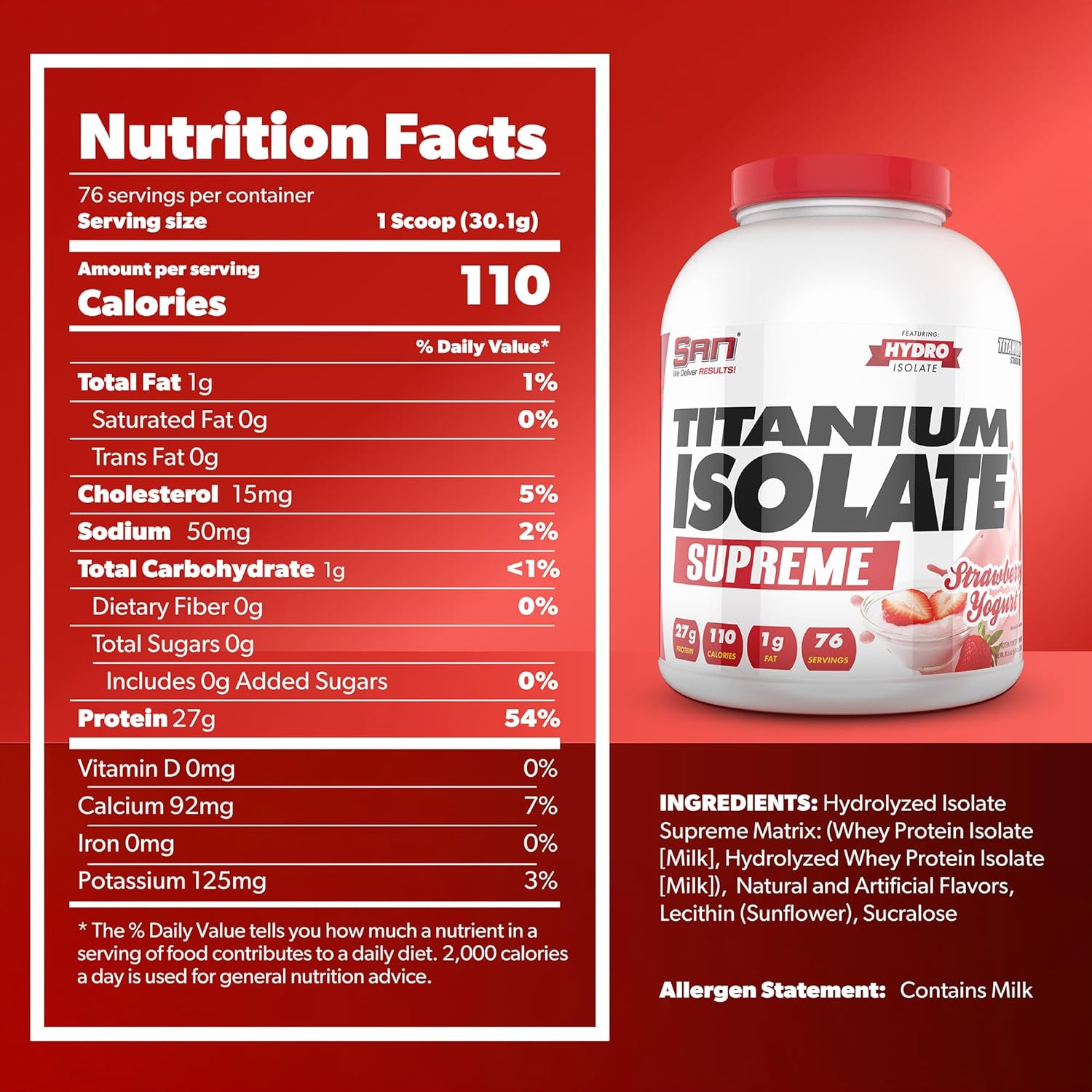 Strawberry Yogurt Flavor Whey Protein Powder - SAN Titanium Isolate Supreme, 5.04 lbs, 27g Protein, 1g Carbs, 76 Servings, Low-Calorie, Muscle Recovery