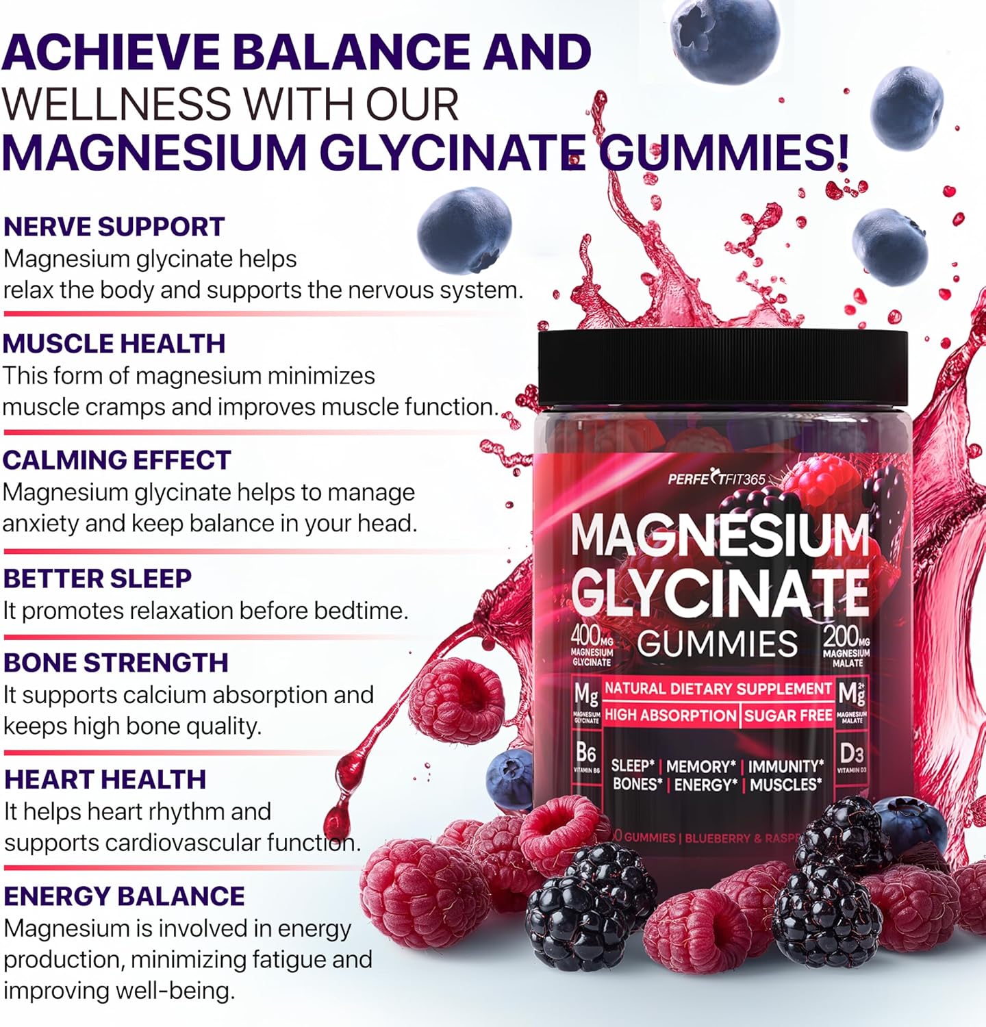 Stress Relief Magnesium Gummies for Adults - 400mg, Sugar-Free with Taurine & Magnesium Malate by PERFECTFIT365