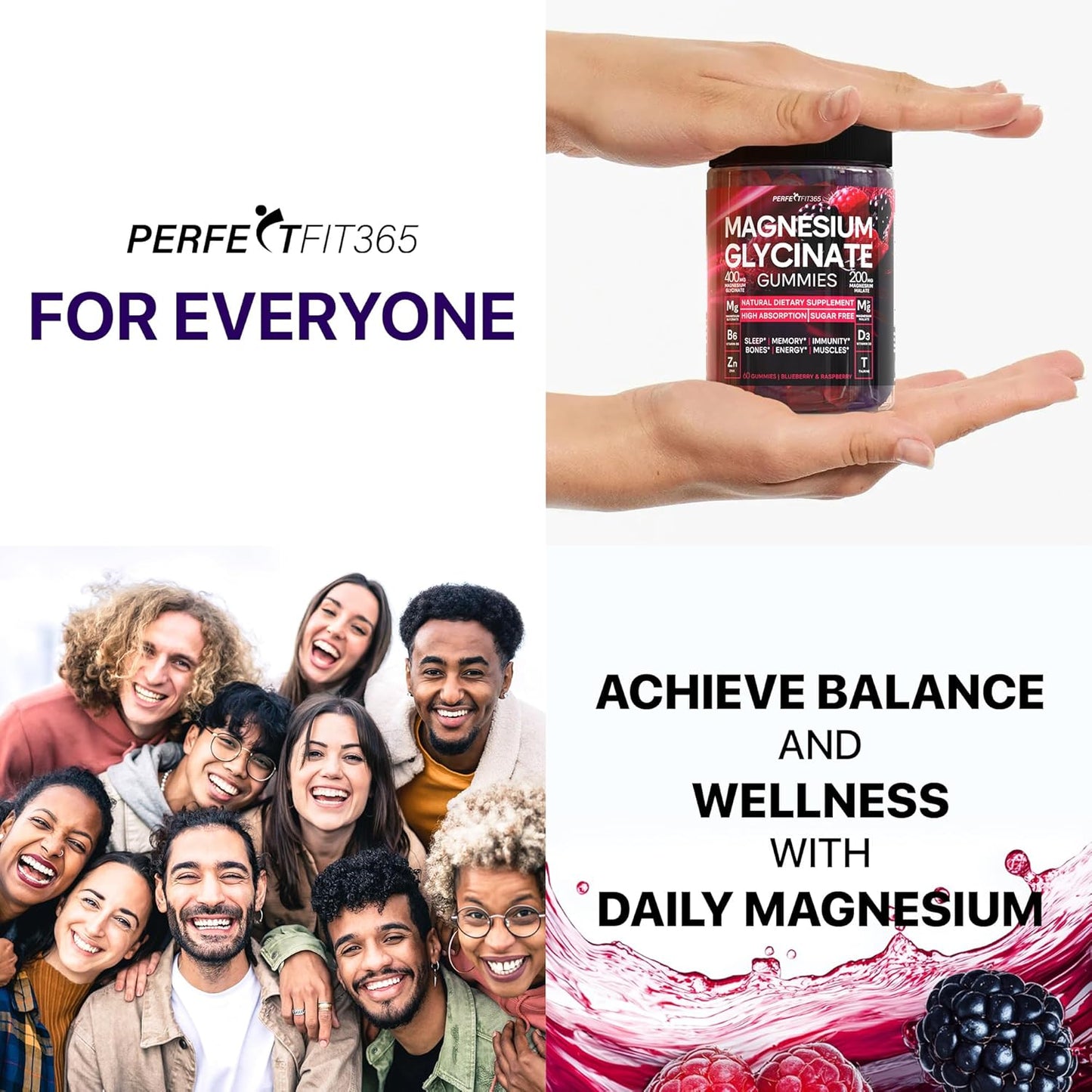 Stress Relief Magnesium Gummies for Adults - 400mg, Sugar-Free with Taurine & Magnesium Malate by PERFECTFIT365