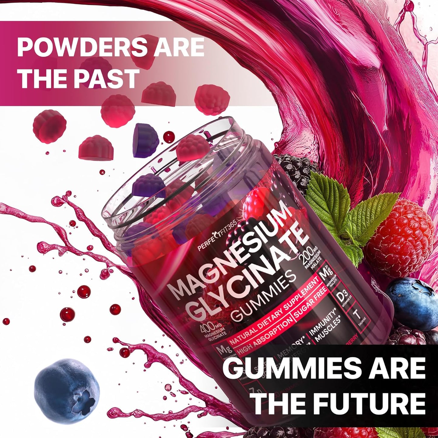 Stress Relief Magnesium Gummies for Adults - 400mg, Sugar-Free with Taurine & Magnesium Malate by PERFECTFIT365