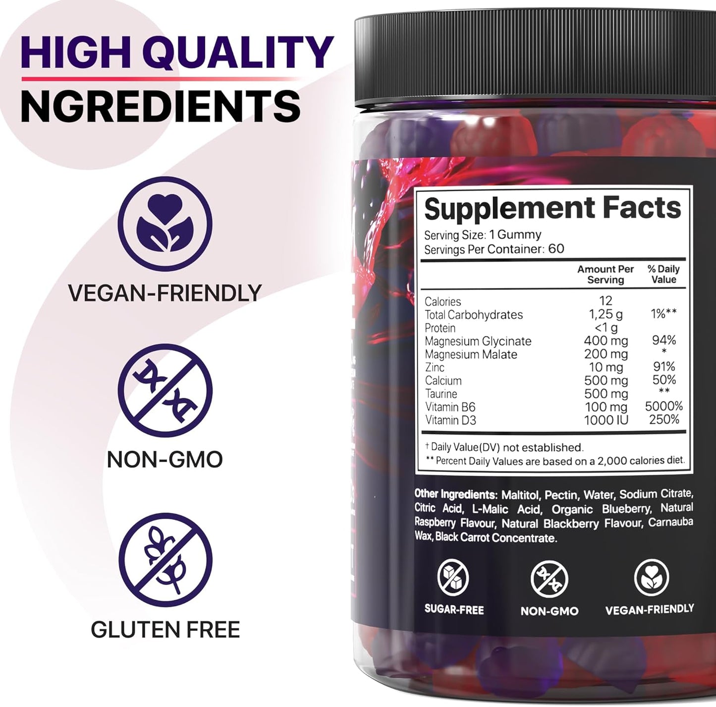 Stress Relief Magnesium Gummies for Adults - 400mg, Sugar-Free with Taurine & Magnesium Malate by PERFECTFIT365
