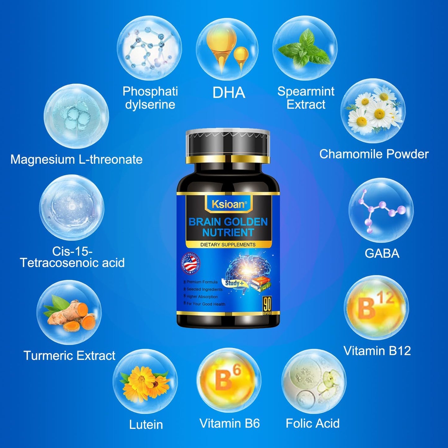 Study Memory & Focus Strength Supplement with DHA, PhosphatidylSerine, Turmeric, & More - 90 Capsules for Mental Clarity & Cognitive Enhancement