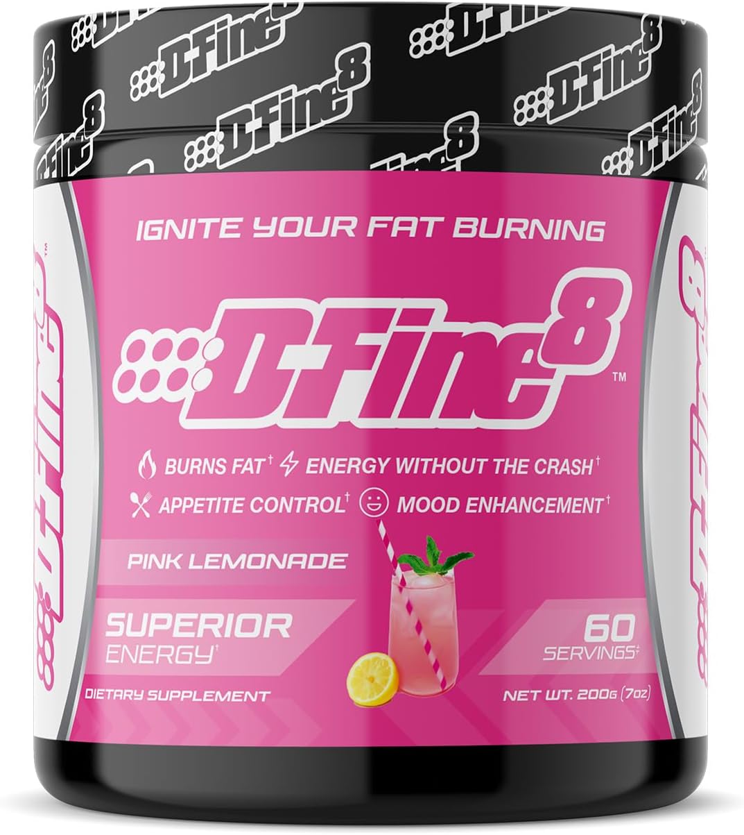 Sugar-Free D-Fine8 Thermogenic Pre-Workout Powder with Senactiv & Caffeine for Energy, Mood, and Focus - Pink Lemonade Flavor