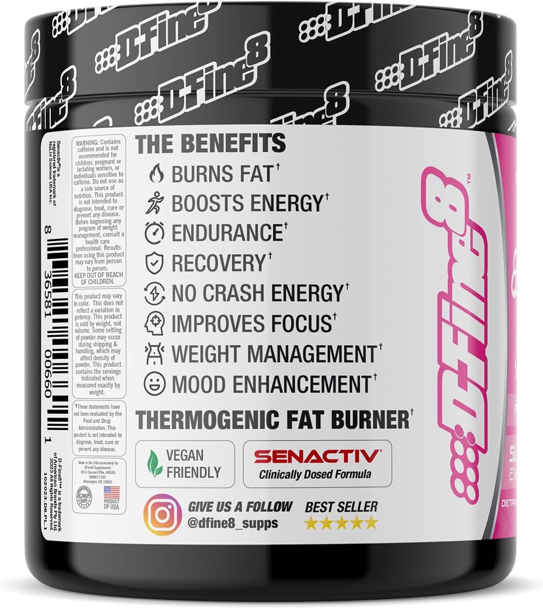 Sugar-Free D-Fine8 Thermogenic Pre-Workout Powder with Senactiv & Caffeine for Energy, Mood, and Focus - Pink Lemonade Flavor