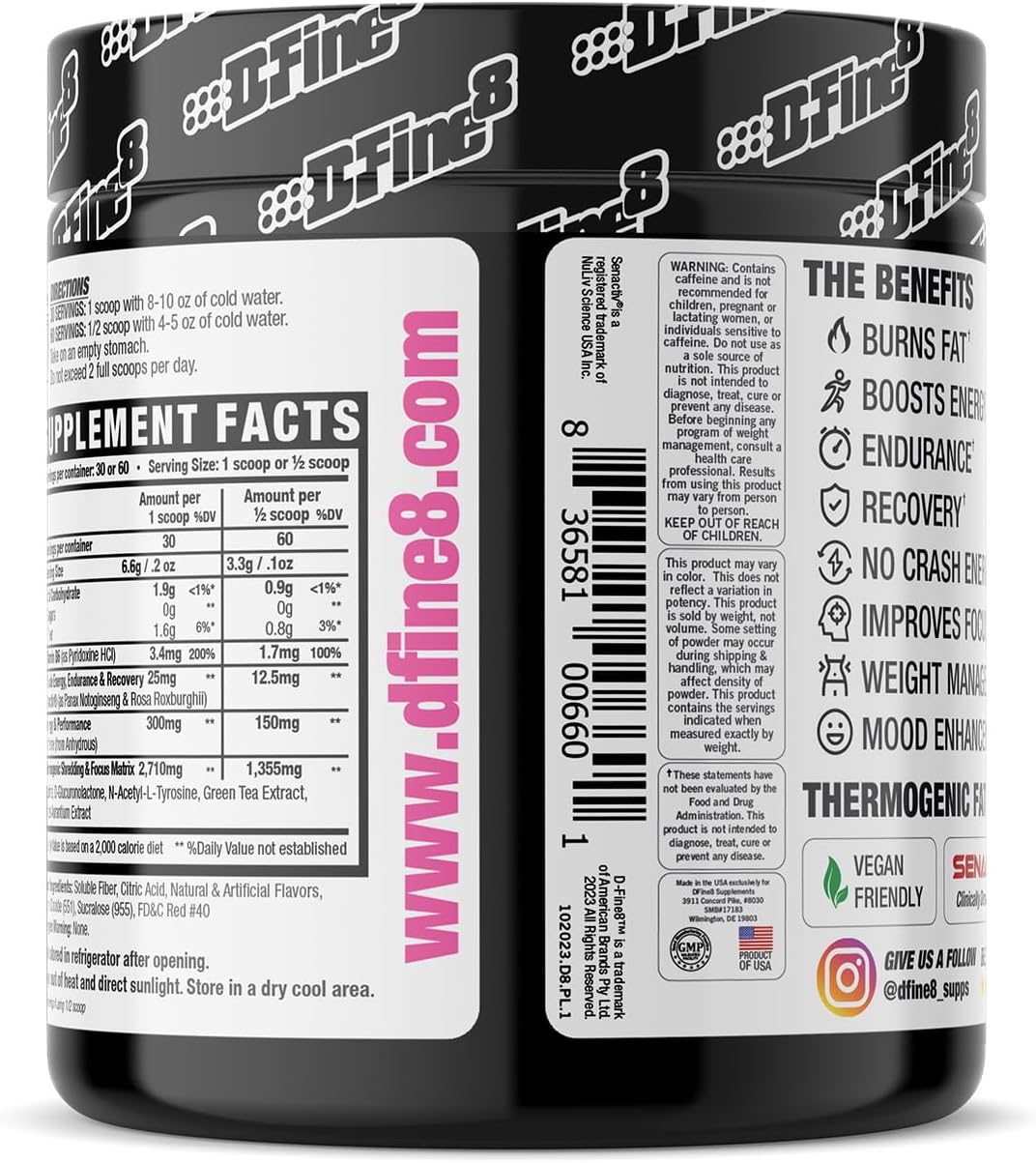 Sugar-Free D-Fine8 Thermogenic Pre-Workout Powder with Senactiv & Caffeine for Energy, Mood, and Focus - Pink Lemonade Flavor