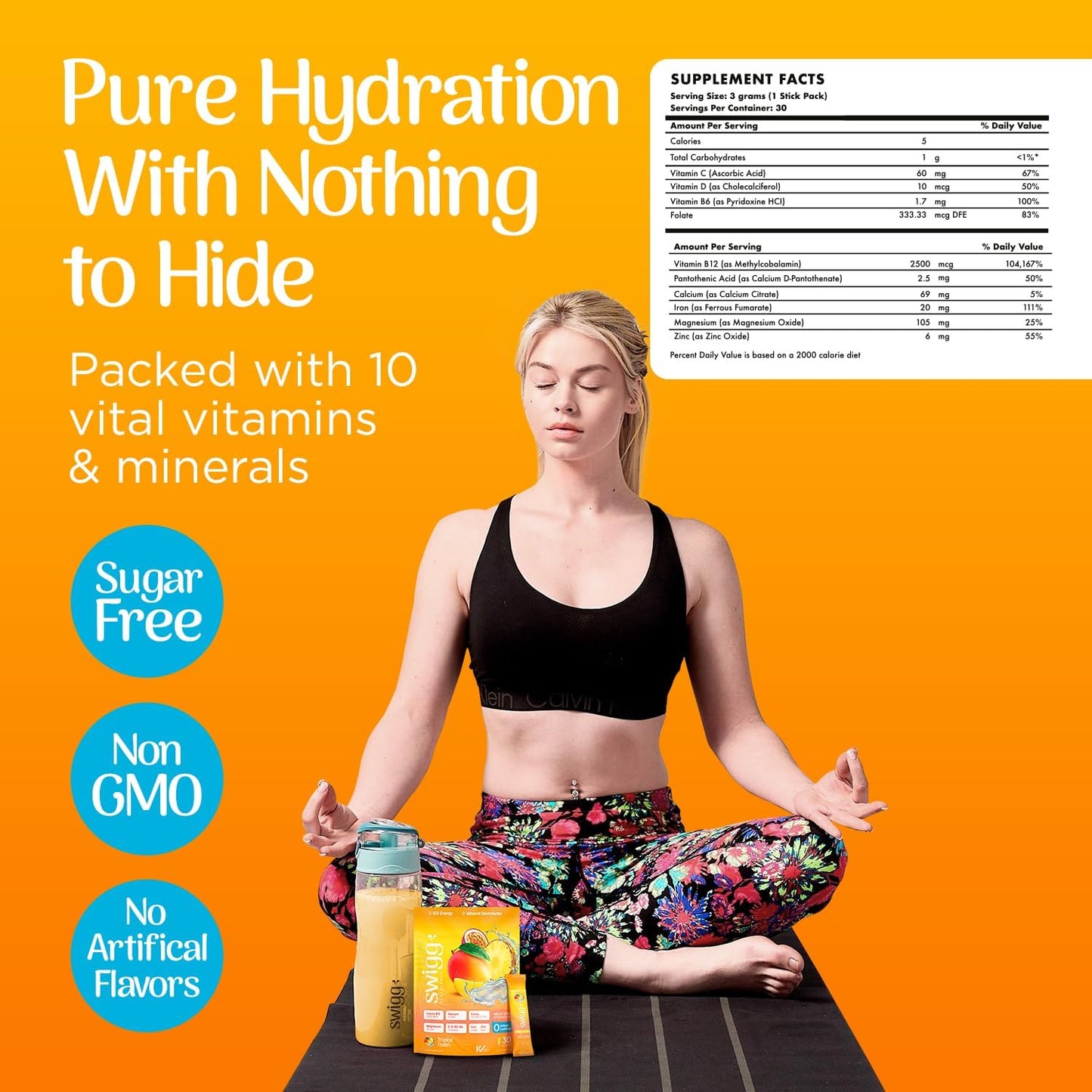 Sugar-Free Electrolyte Powder Packets with Multivitamins - Tropical Fusion Flavor, Vitamin B12, B5, B6, C, D, Folate - Hydration Drink Mix - 30 Sticks