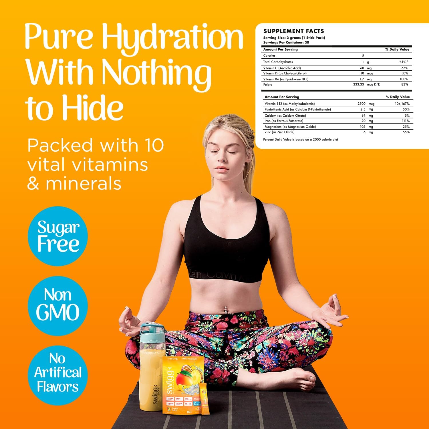 Sugar-Free Electrolyte Powder Packets with Multivitamins - Tropical Fusion Flavor, Vitamin B12, B5, B6, C, D, Folate - Hydration Drink Mix - 30 Sticks
